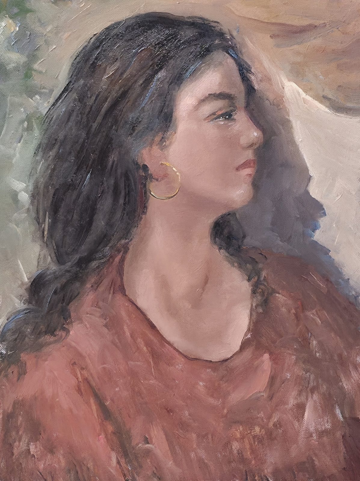 Donna lucana — opera originale dipinta a mano da Emilio Ventura, Olio su tela, 30x40 cm