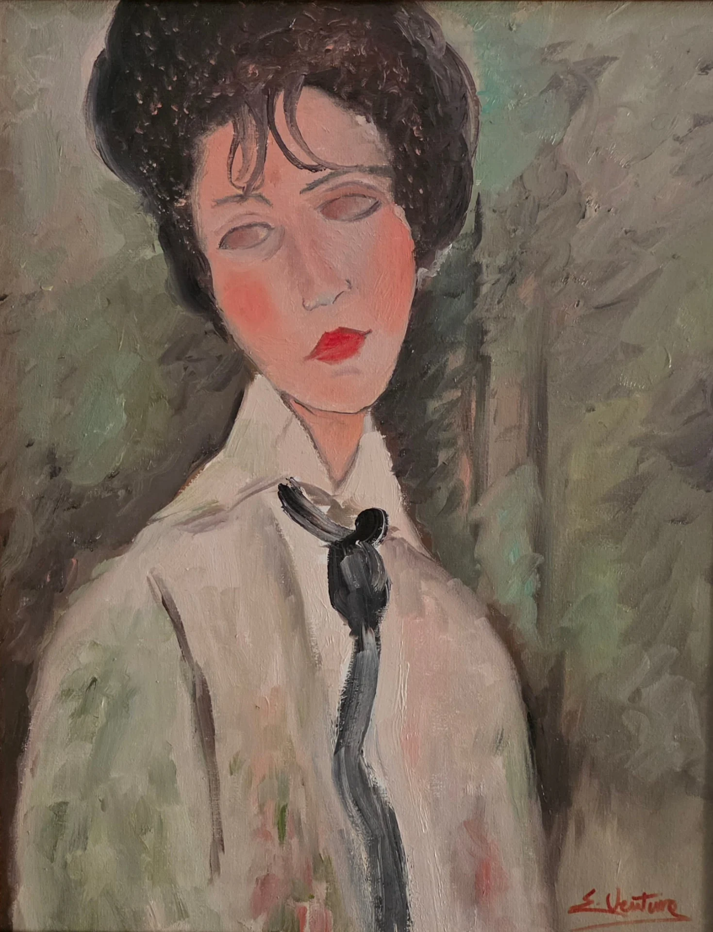 Falso d'autore di Emilio Ventura da Modigliani, Donna con cravatta nera, olio su tela 40x50 cm, ritratto con camicia bianca e cravatta nera