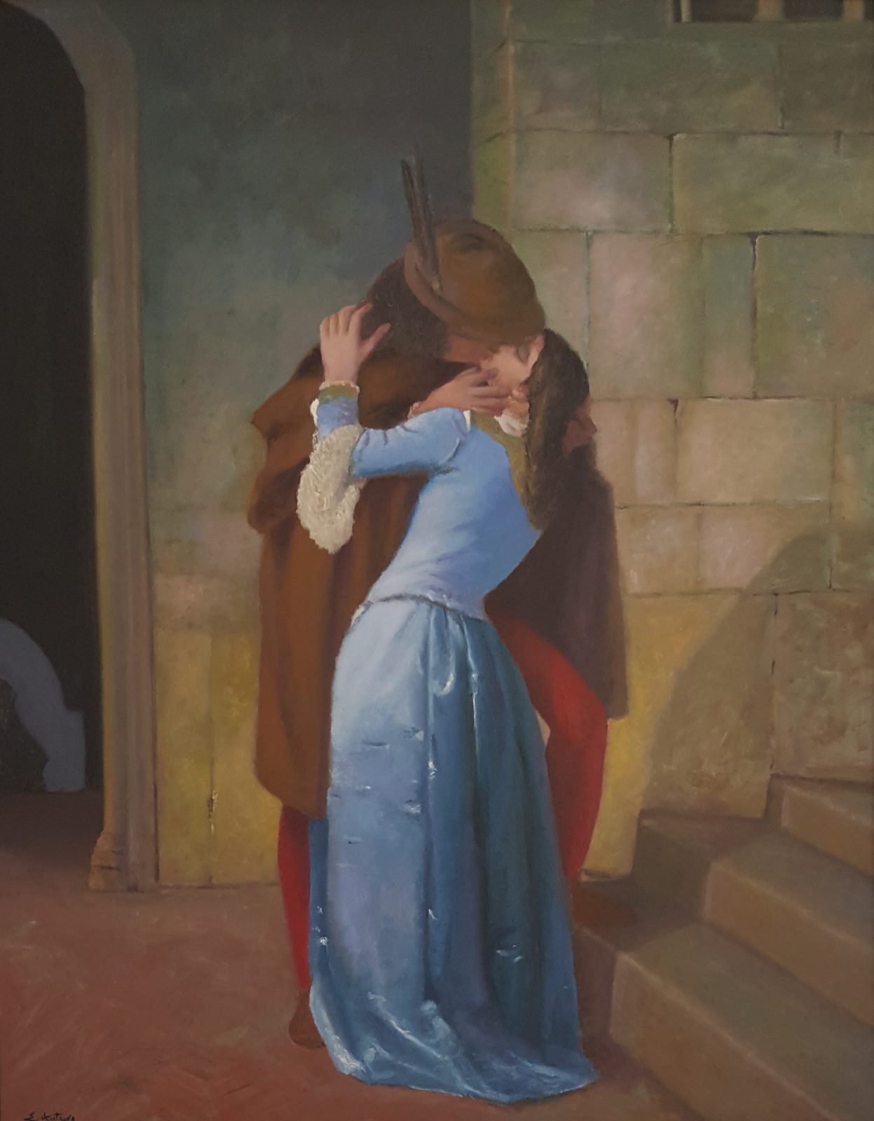 Il Bacio di Francesco Hayez — falso d'autore dipinto a mano da Emilio Ventura, Olio su tela, 112x88 cm