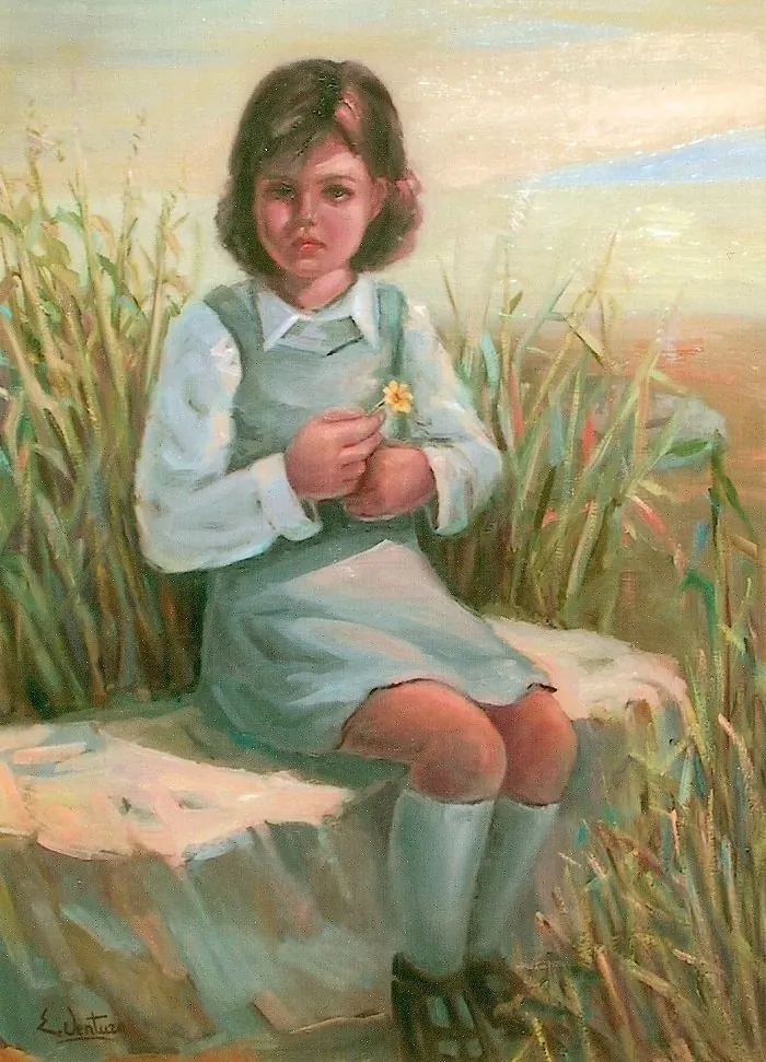 Bimba in riva al mare — opera originale di Emilio Ventura, 50x70 cm, scene di vita