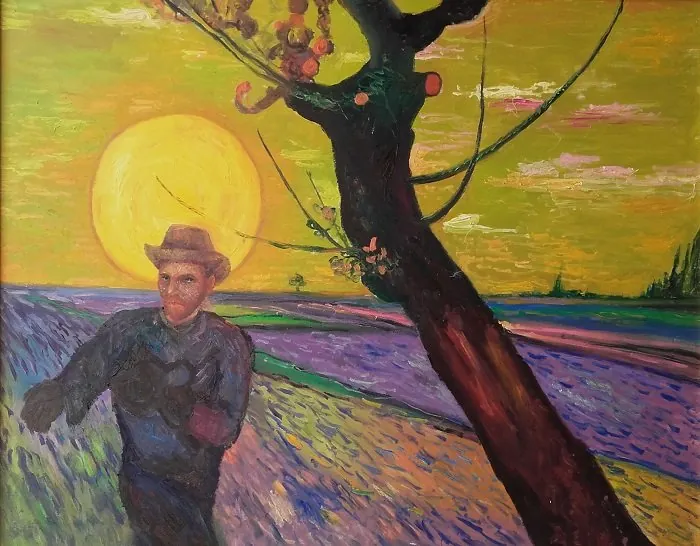Van Gogh che semina in un suo quadro — opera originale di Emilio Ventura, 70x90 cm, contaminazioni