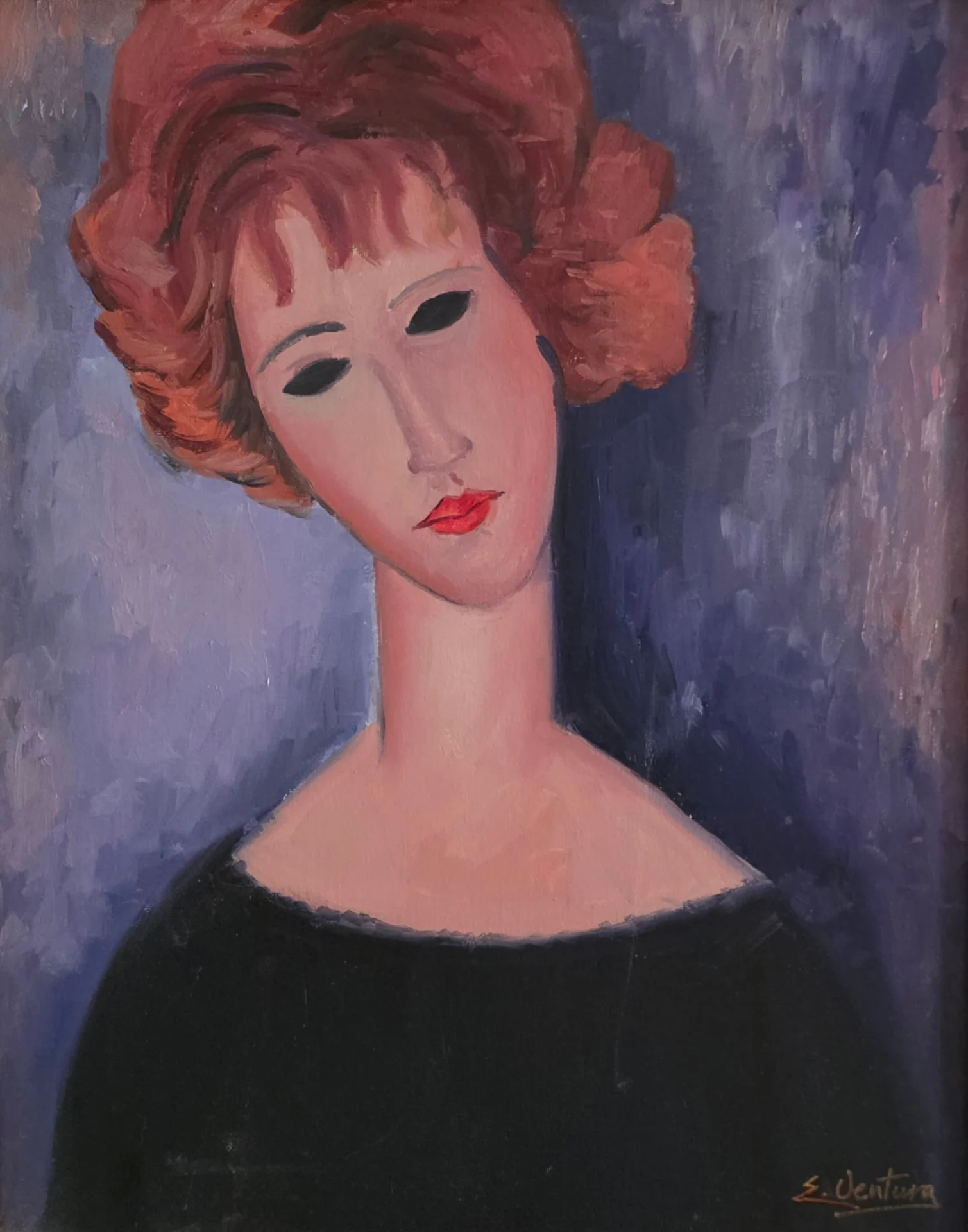 Falso d'autore di Emilio Ventura ispirato a Modigliani, Donna dai capelli rossi, olio su tela 40x50 cm, ritratto femminile con collo allungato e abito nero