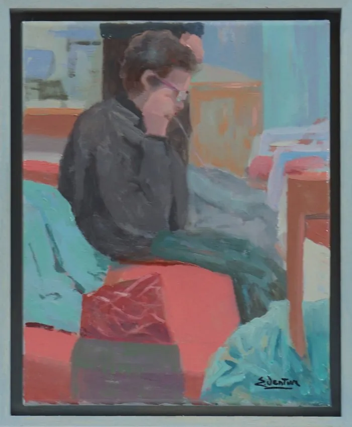 Mia madre che ricama — opera originale di Emilio Ventura, 24x30 cm, scene di vita