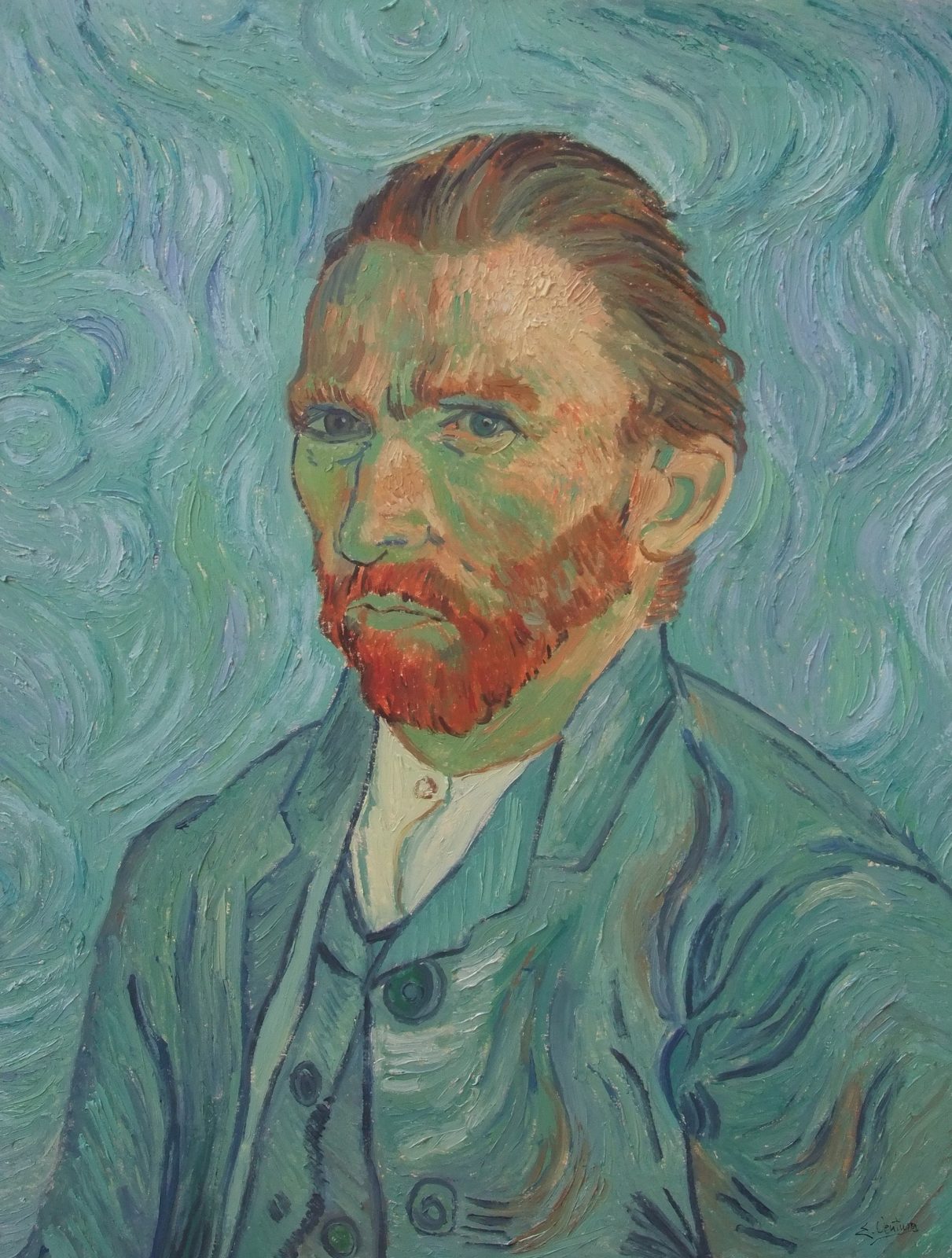 Riproduzione del famoso autoritratto di Vincent van Gogh, dove l'artista si ritrae con un cappello di feltro grigio e una giacca blu, su uno sfondo blu-verde a spirale.