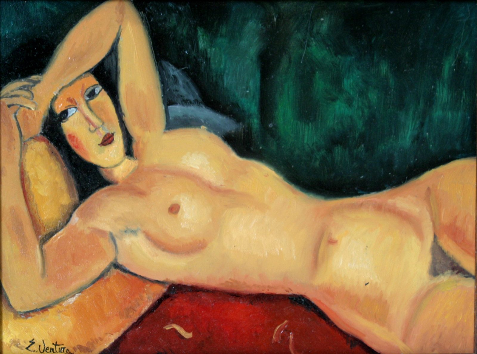Nudo sdraiato con il braccio sinistro sulla fronte di Amedeo Modigliani — falso d'autore dipinto a mano da Emilio Ventura, Olio su tavola, 27x36 cm