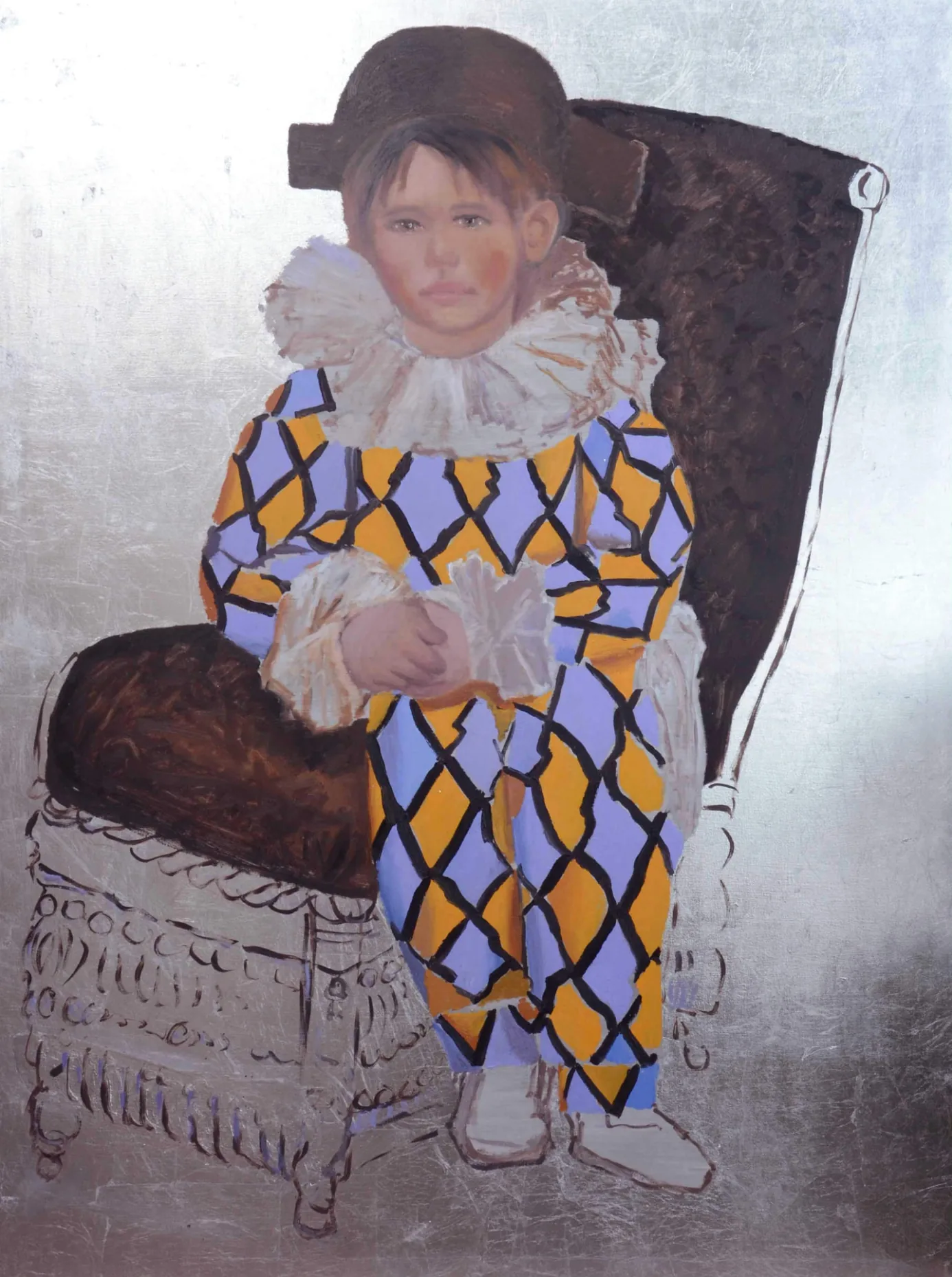 Ritratto personalizzato di Giulio bambino in costume da Arlecchino a rombi, seduto su una sedia, ispirato a Picasso