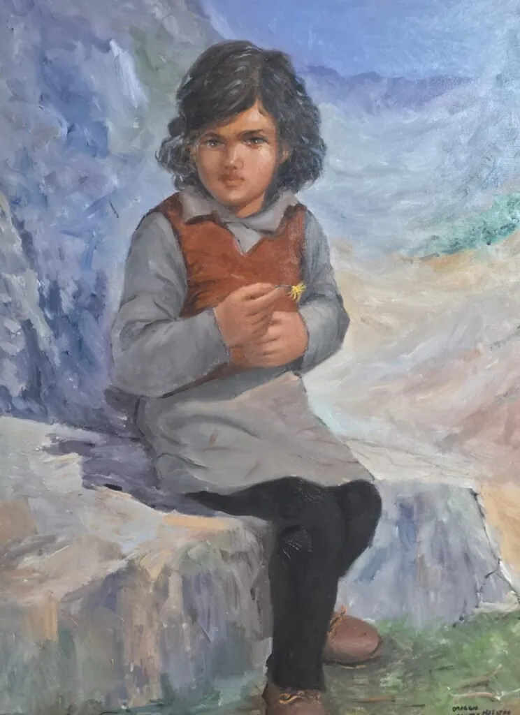 Bimba di montagna col fiore nella mano, olio su tela di Emilio Ventura
