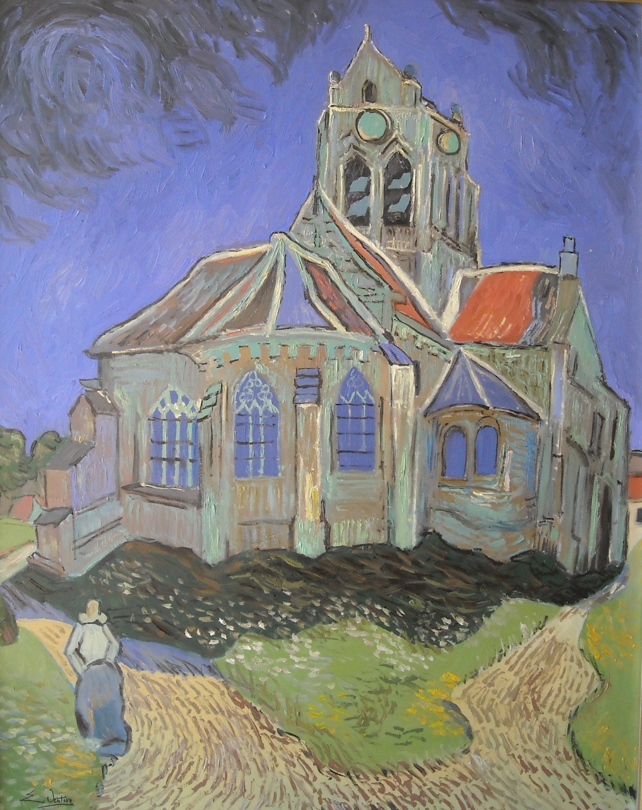Dipinto raffigurante una chiesa gotica in pietra sotto un cielo blu intenso e vorticoso, con un sentiero che si biforca in primo piano e una figura femminile in abito scuro che cammina.