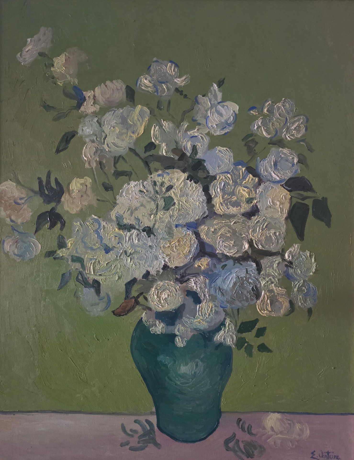 Rose bianche in un vaso verde su sfondo verde chiaro, riproduzione dipinta a mano da Emilio Ventura del dipinto di Vincent Van Gogh, 90x70 cm