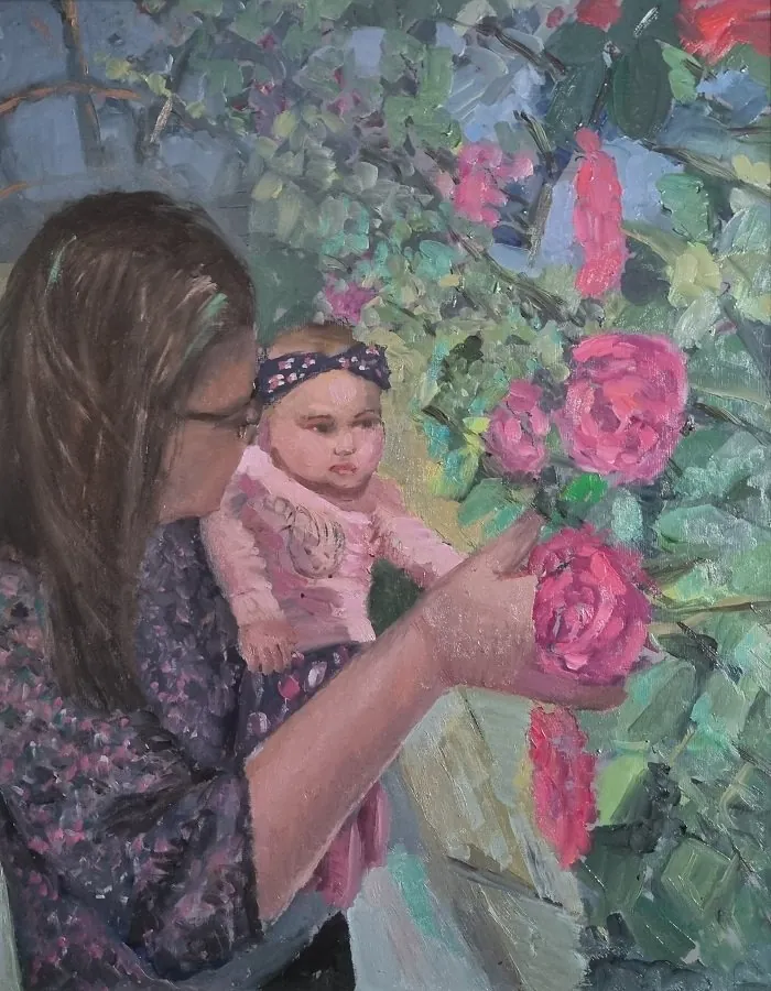 Marilisa con Iside — opera originale di Emilio Ventura, 40x50 cm, scene di vita
