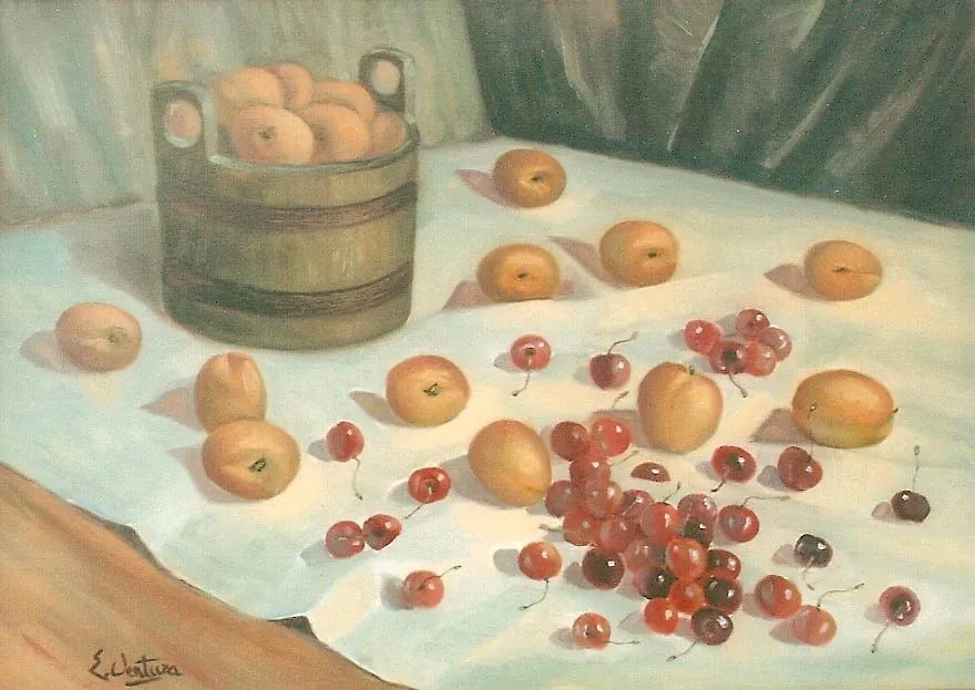 Albicocche ciliegie — opera originale di Emilio Ventura, 50x70 cm, nature morte