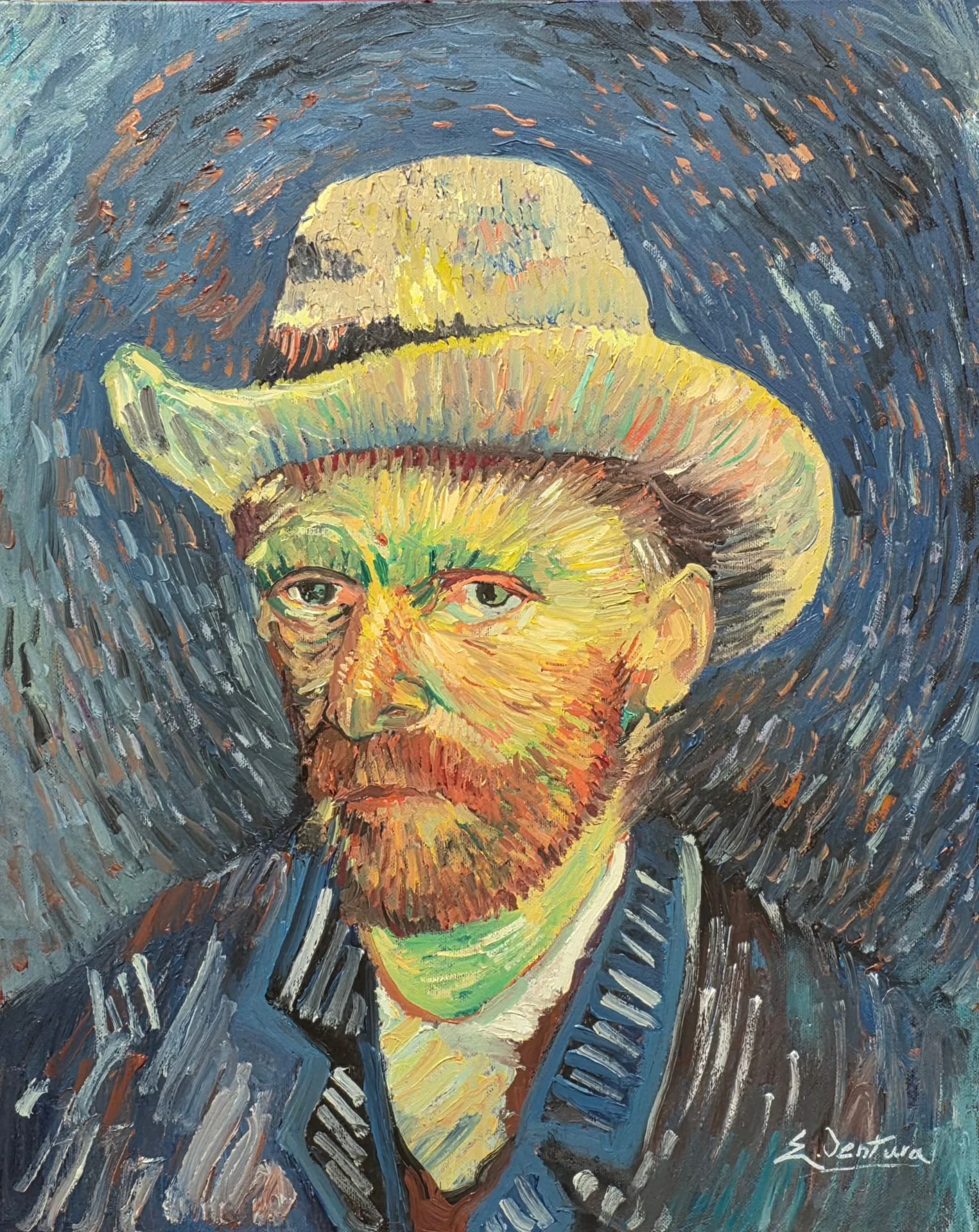 Riproduzione dipinta a mano di Autoritratto con cappello di feltro grigio di Vincent Van Gogh, realizzata da Emilio Ventura