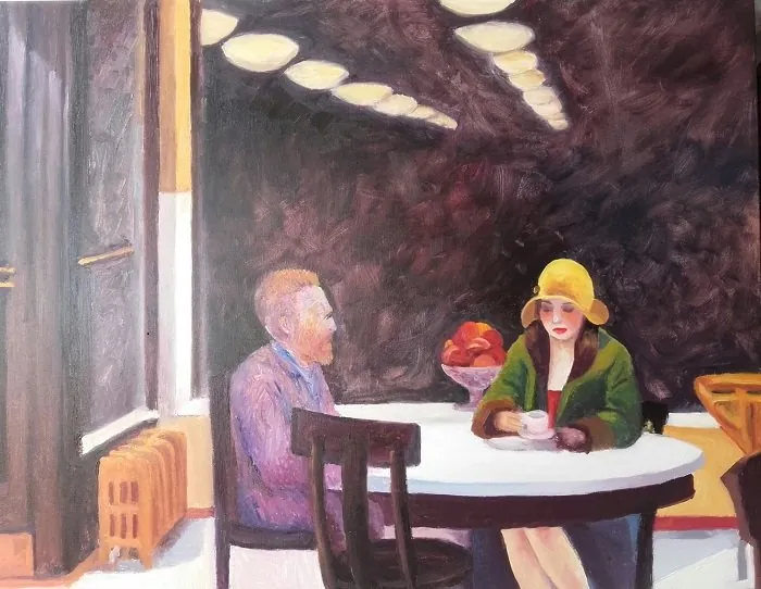 Automat, da Hopper: tavola calda con Van Gogh — opera originale di Emilio Ventura, 70x90 cm, contaminazioni