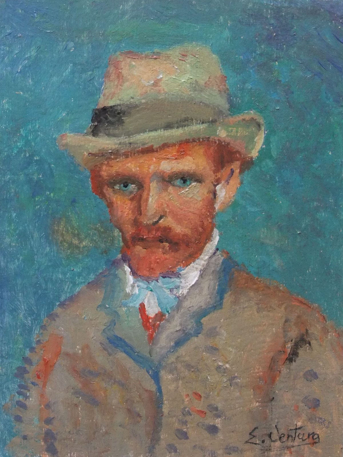 Autoritratto con cappello di paglia (piccolo formato) di Vincent Van Gogh — falso d'autore dipinto a mano da Emilio Ventura, Olio su tela, 14x18 cm