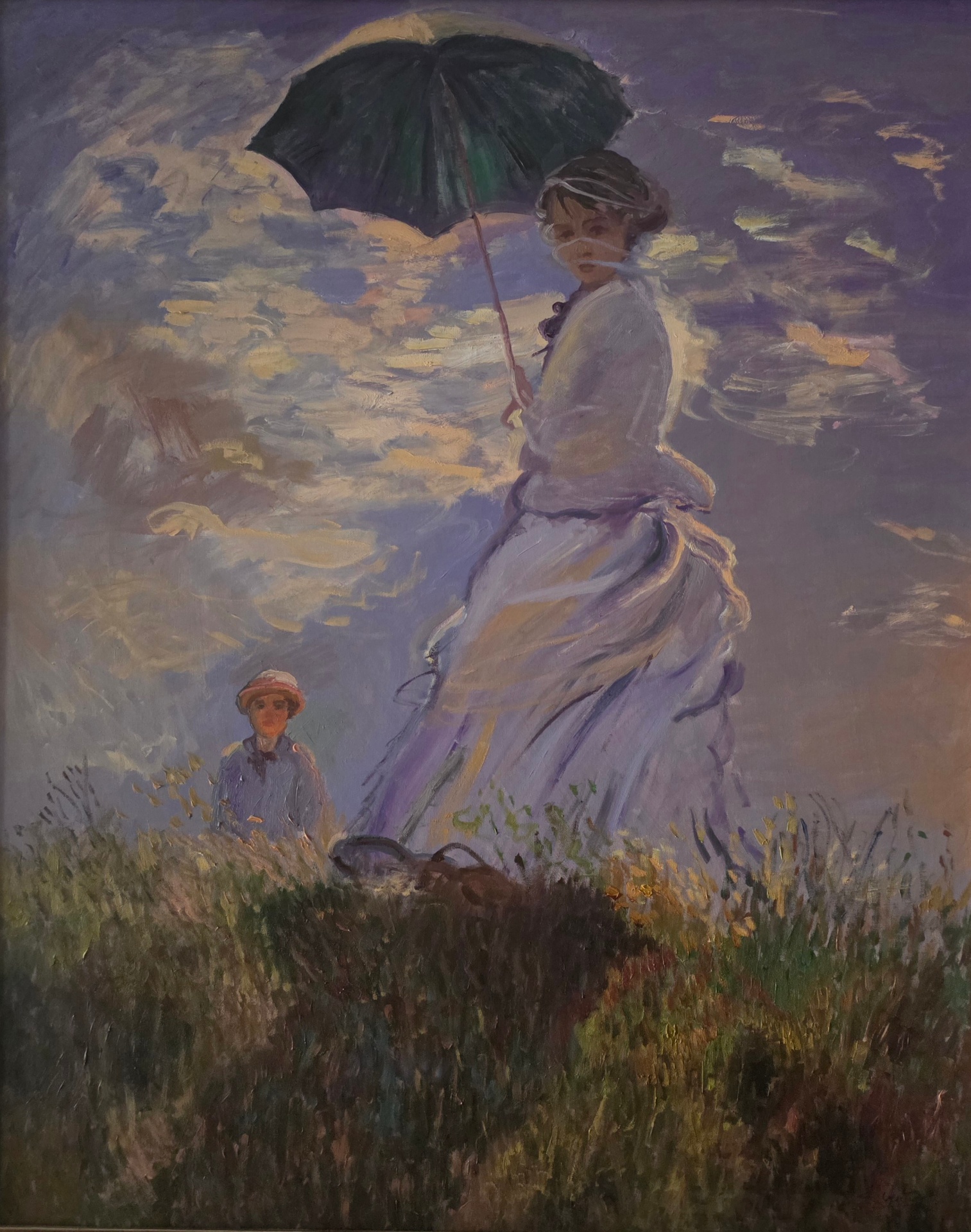 Donna con parasole voltata a destra di Claude Monet — falso d'autore dipinto a mano da Emilio Ventura, Olio su tela, 100x80 cm