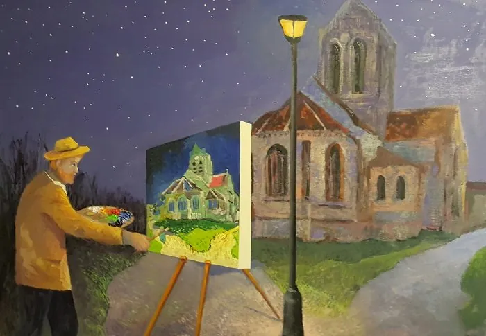 Van Gogh che dipinge la chiesa di Auvers — opera originale di Emilio Ventura, 100x70 cm, contaminazioni