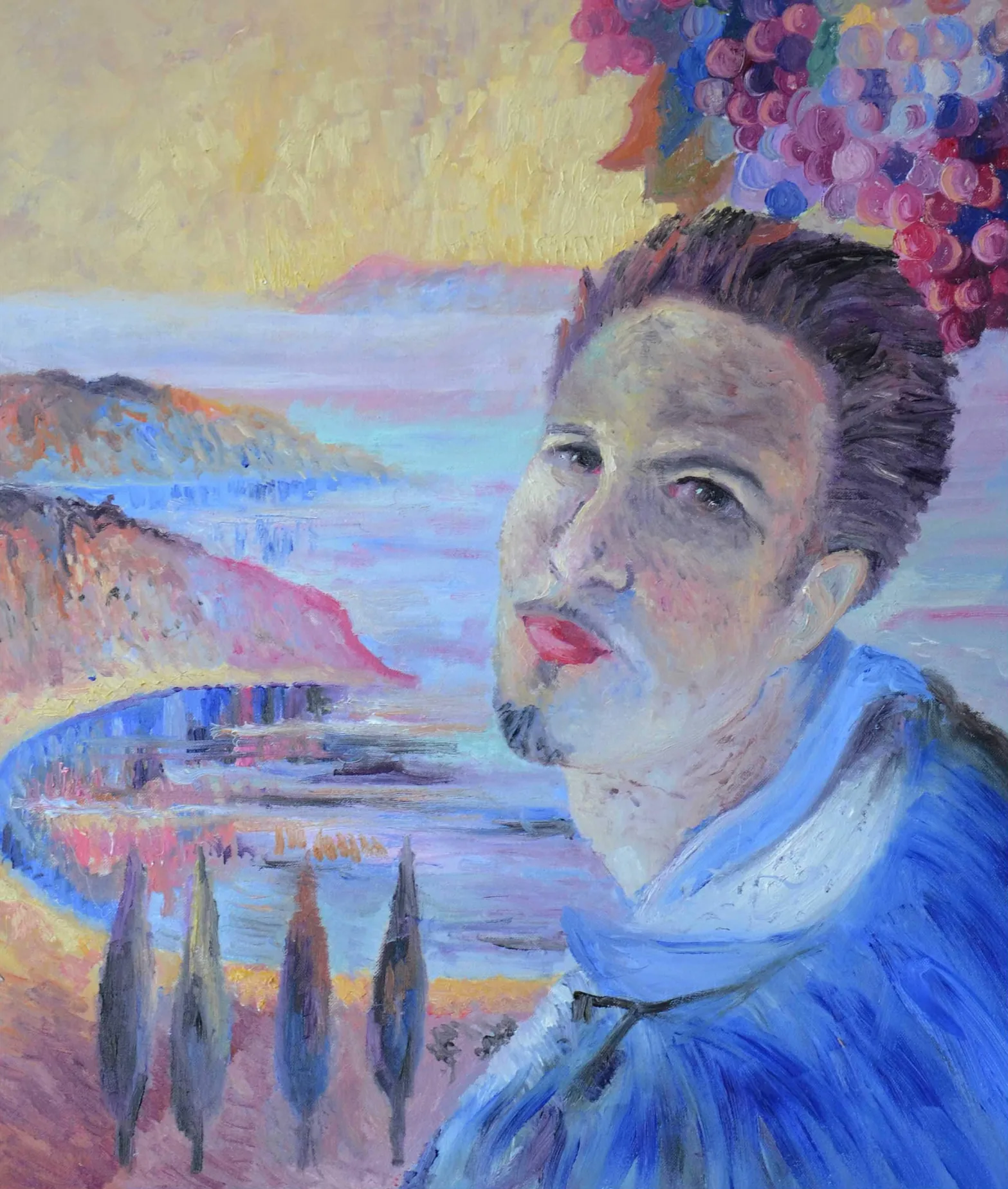 Autoritratto di Emilio Ventura con abito blu davanti a un paesaggio ispirato a Salvador Dalí