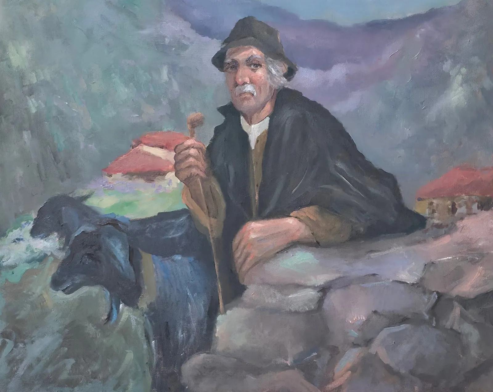 Vecchio pastore omaggio al mio maestro — opera originale di Emilio Ventura, 40x50 cm, scene di vita
