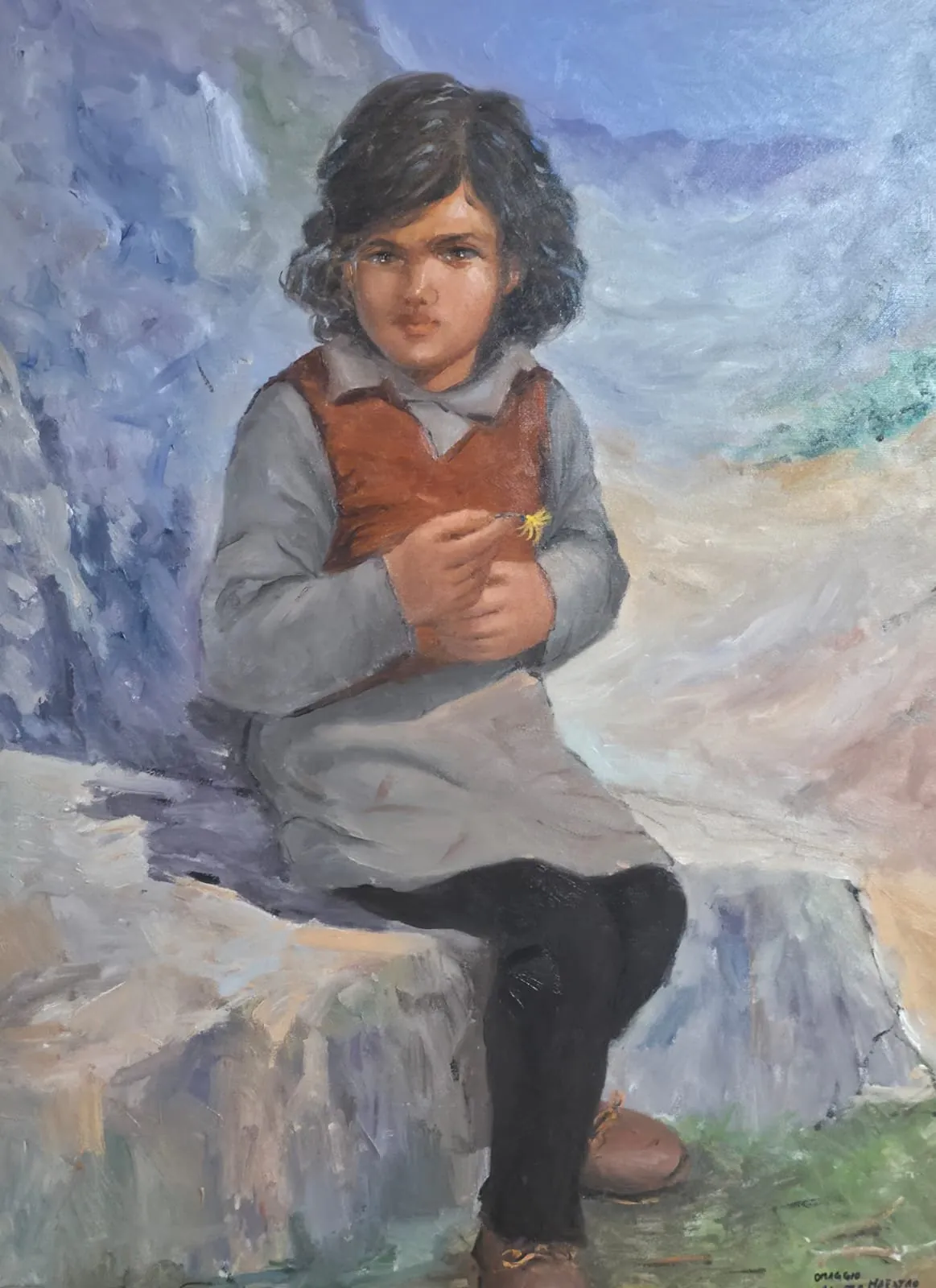 Bimba di montagna col fiore nella mano — opera originale di Emilio Ventura, ritratti