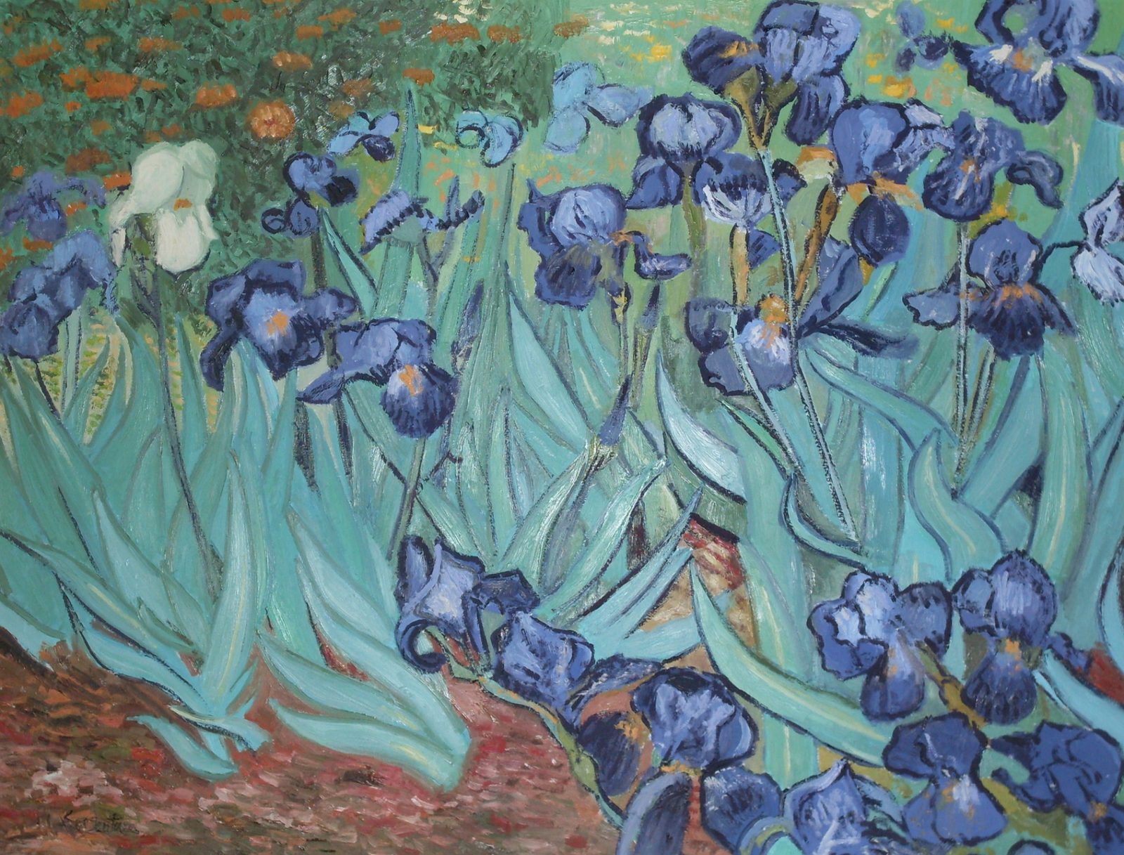 Riproduzione del quadro 'Iris' di Vincent Van Gogh, che mostra un campo di iris viola e blu con foglie verdi vibranti, un fiore bianco solitario e un'atmosfera luminosa e serena.