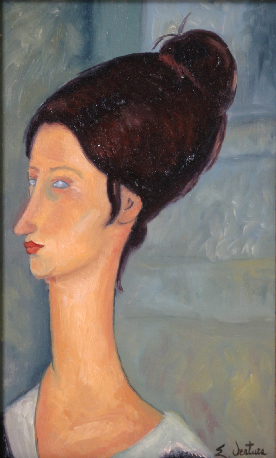 Jeanne Hébuterne di Amedeo Modigliani — falso d'autore dipinto a mano da Emilio Ventura, Olio su tavola, 16x27 cm