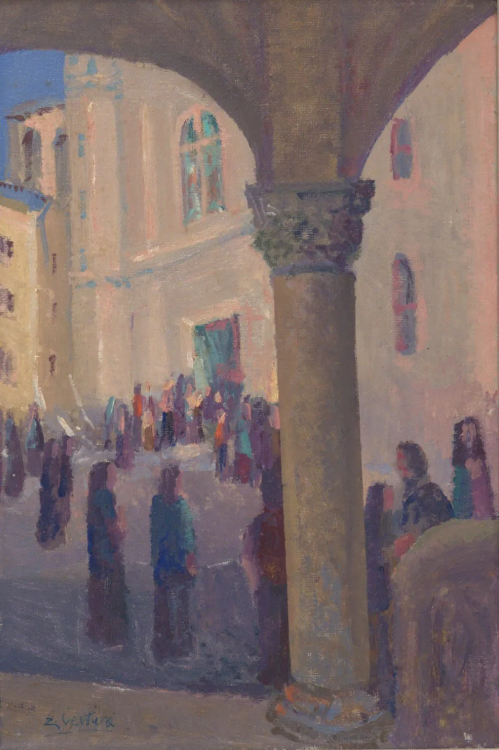Basilica di Santa Rita — opera originale di Emilio Ventura, 20x30 cm, scene di vita