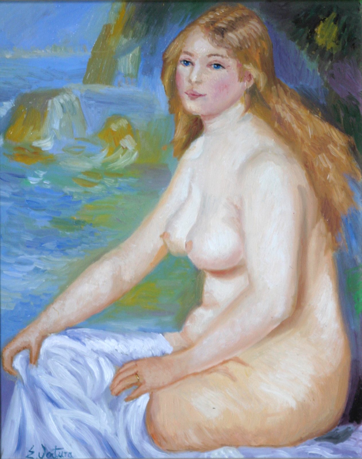 Riproduzione dipinta a mano di La bagnante di Pierre-Auguste Renoir, realizzata da Emilio Ventura