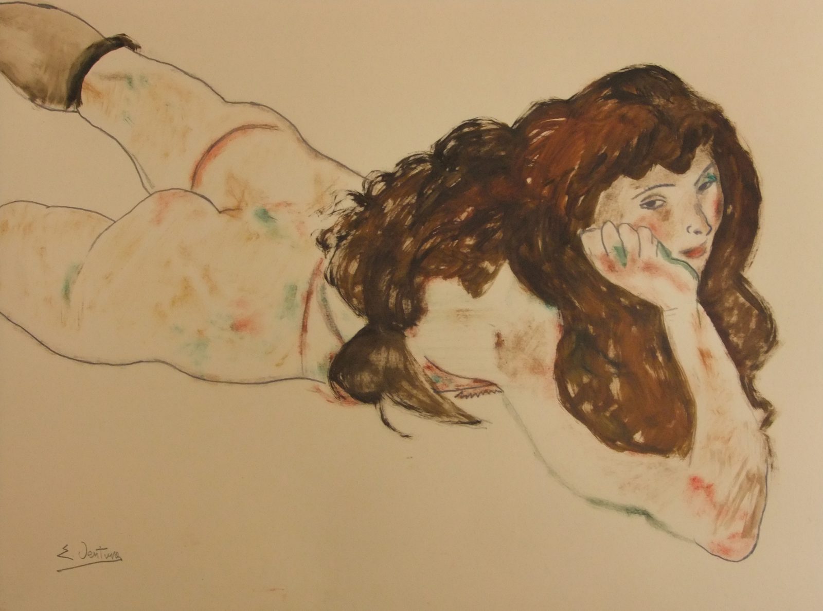 Nudo femminile prono di Egon Schiele — falso d'autore dipinto a mano da Emilio Ventura, Acquerello su cartoncino, 35x50 cm
