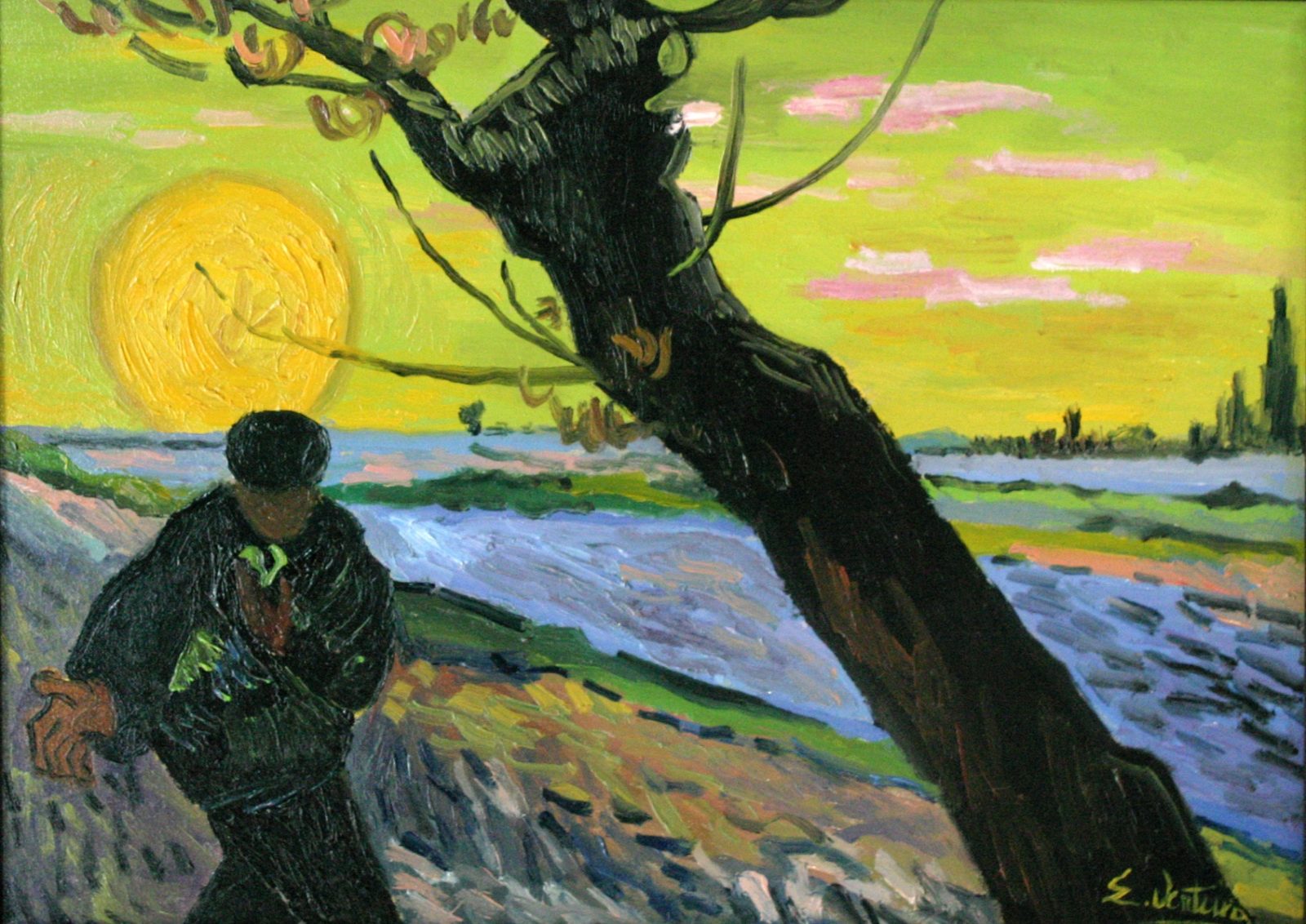 Riproduzione del dipinto 'Il Seminatore' di Vincent Van Gogh, che mostra una figura solitaria che sparge semi in un campo arato sotto un sole giallo intenso e un cielo verde-giallo.