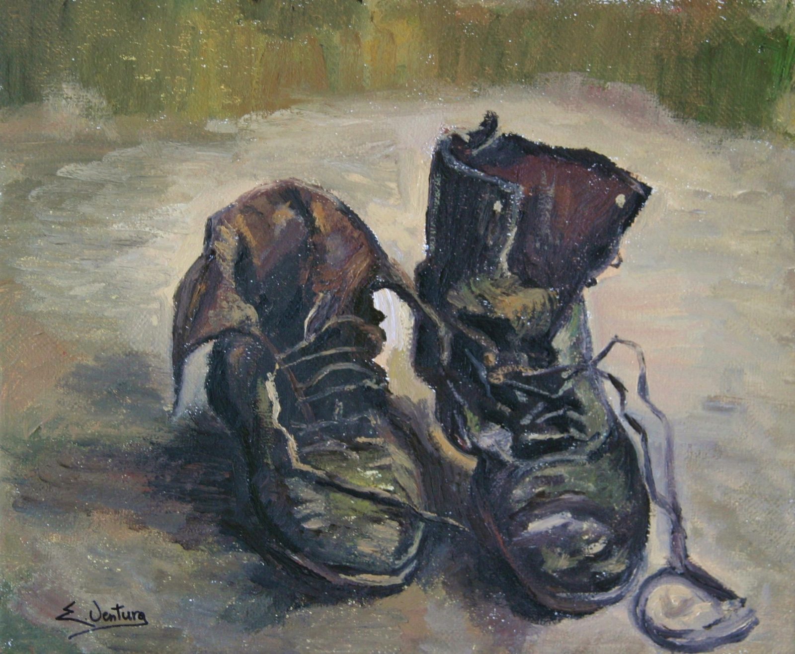 Riproduzione del dipinto 'Scarponi' di Vincent Van Gogh, raffigurante un paio di scarpe da lavoro usurate, con lacci slacciati, su un pavimento scuro, in tonalità terrose e pennellate materiche.