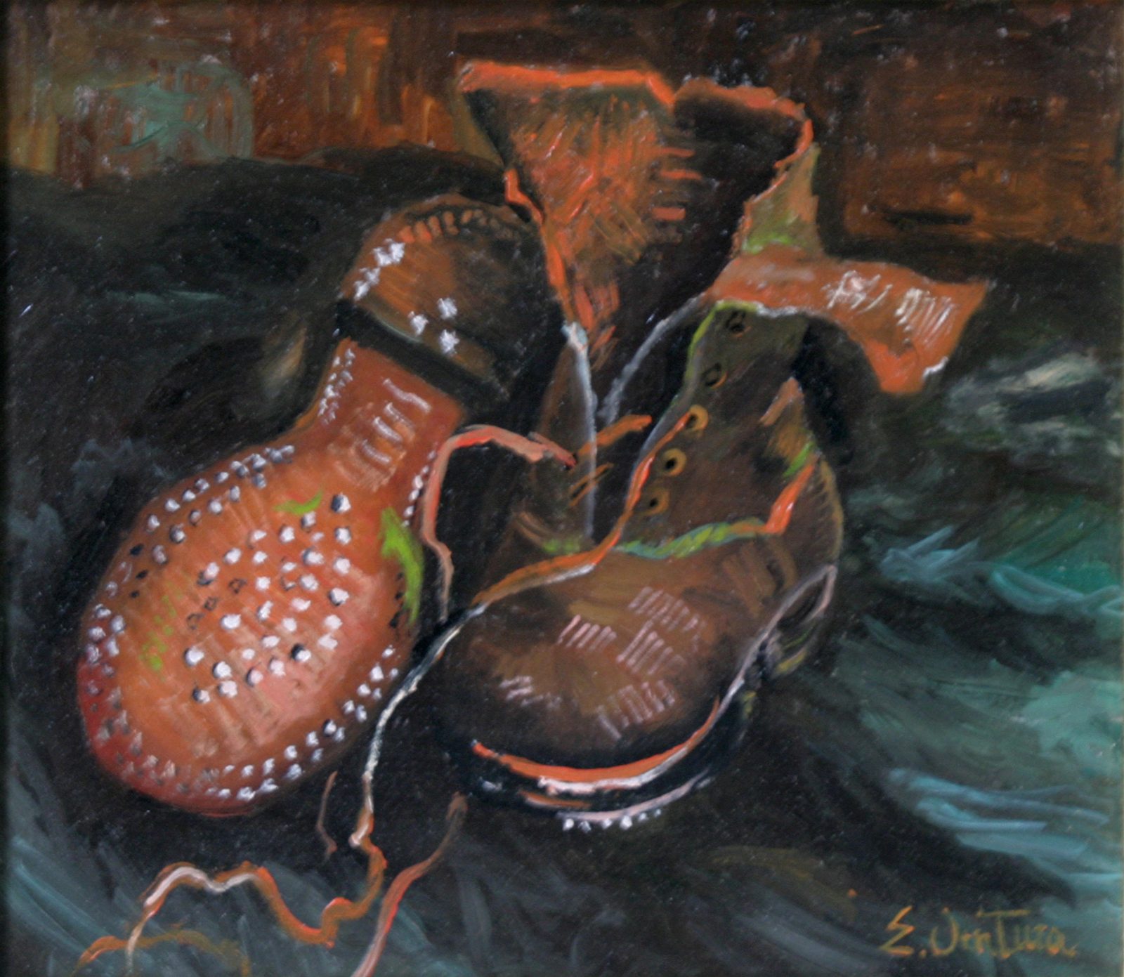 Riproduzione del dipinto 'Un paio di scarpe' di Vincent Van Gogh, raffigurante un paio di scarponi da contadino usati e consunti, in tonalità scure e terrose, con lacci disfatti e una texture materica evidente.