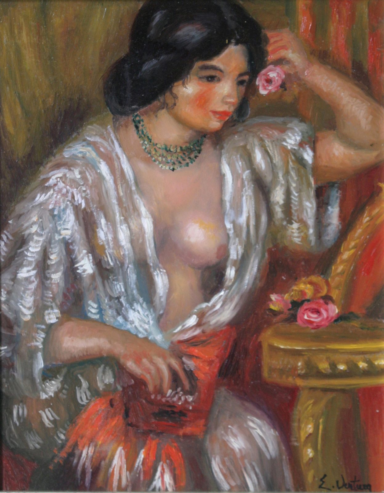 Riproduzione dipinta a mano di Gabrielle aux bijoux di Pierre-Auguste Renoir, realizzata da Emilio Ventura