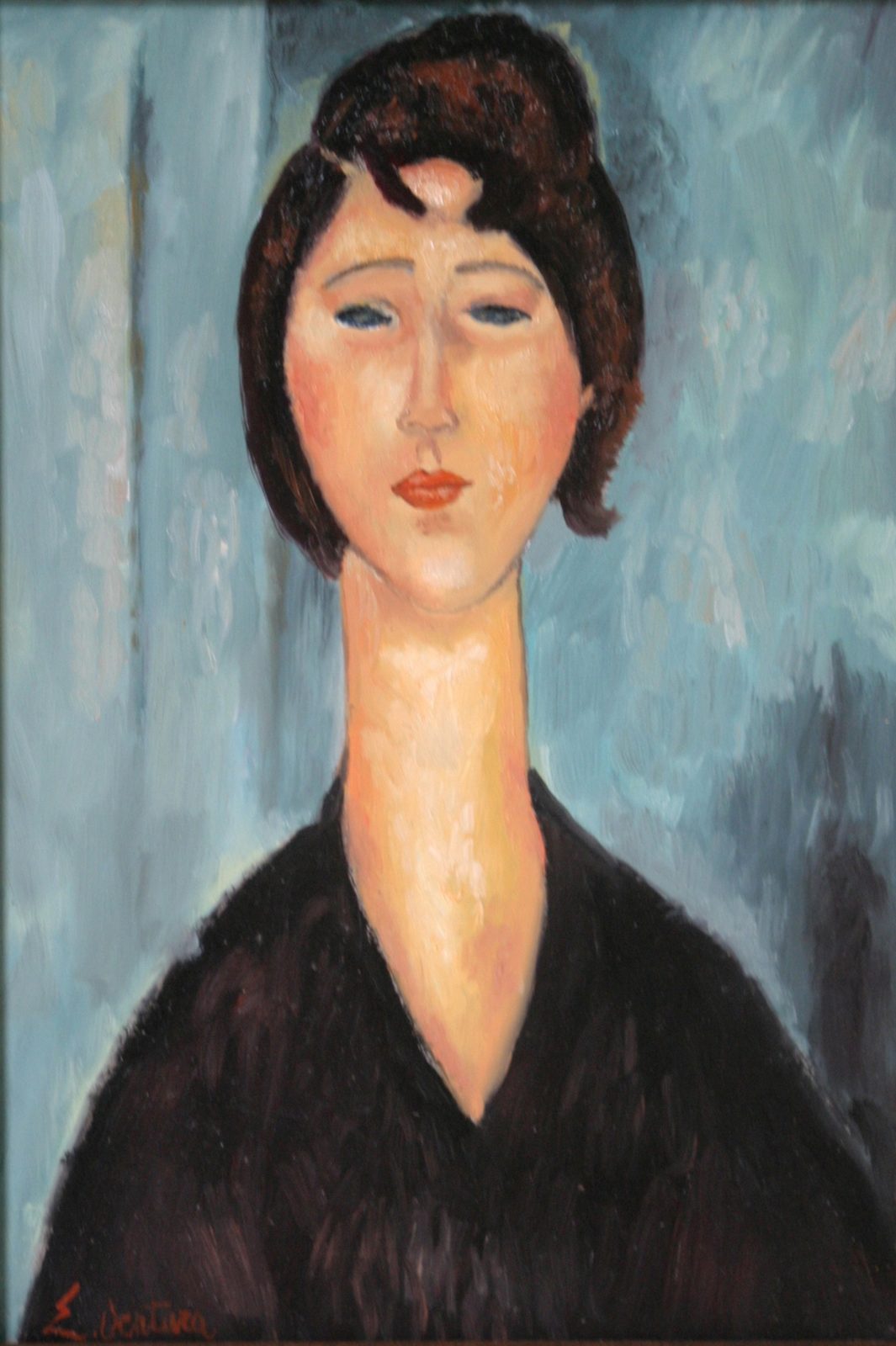Ritratto di giovane donna di Amedeo Modigliani — falso d'autore dipinto a mano da Emilio Ventura, Olio su tavola, 20x30 cm