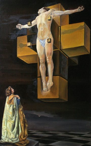 Crocifissione Ipercubica di Salvador Dalí — falso d'autore dipinto a mano da Emilio Ventura, Olio su tela, 60x94 cm