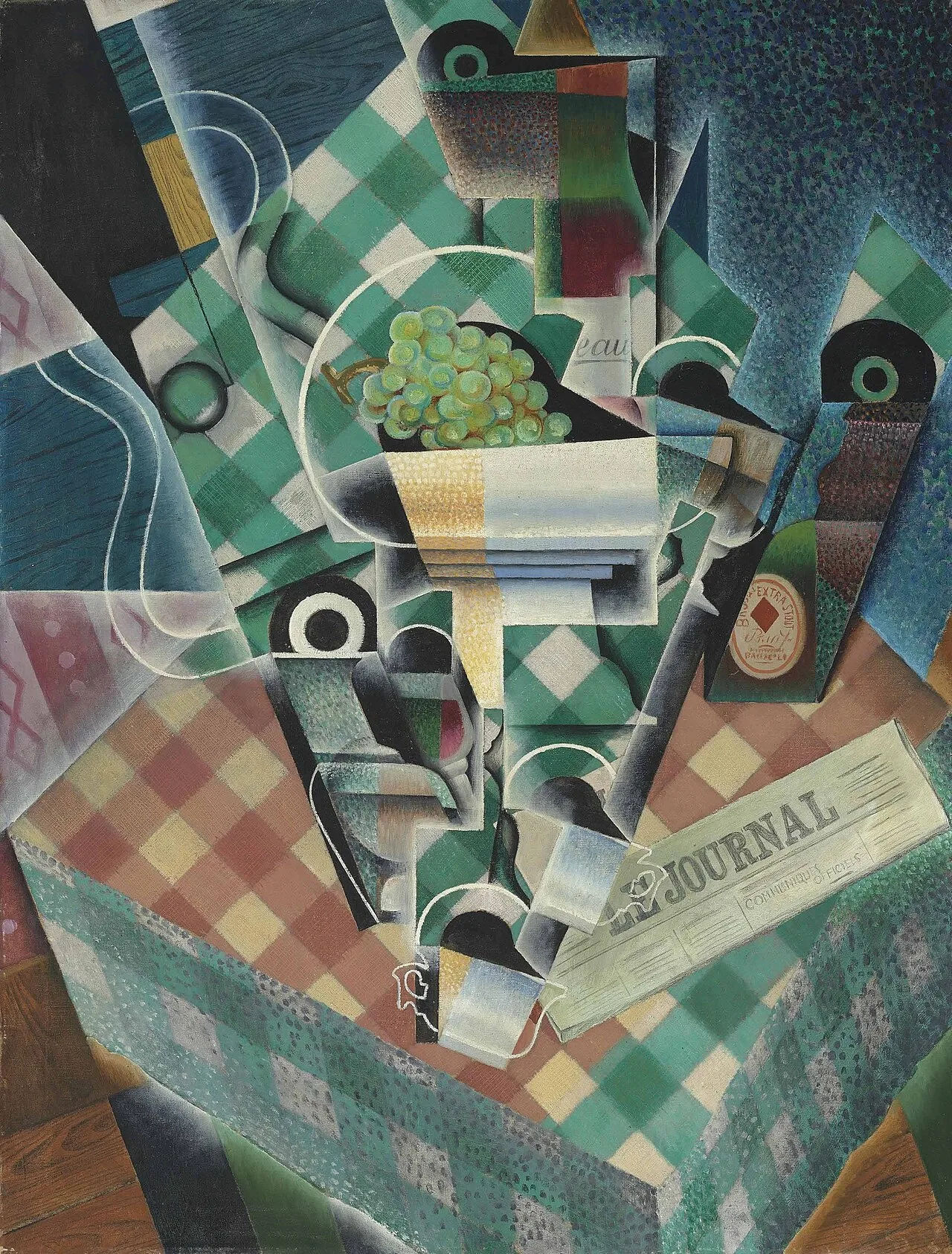 Natura morta con tovaglia a scacchi (1915) — opera originale di Juan Gris, disponibile come falso d'autore dipinto a mano