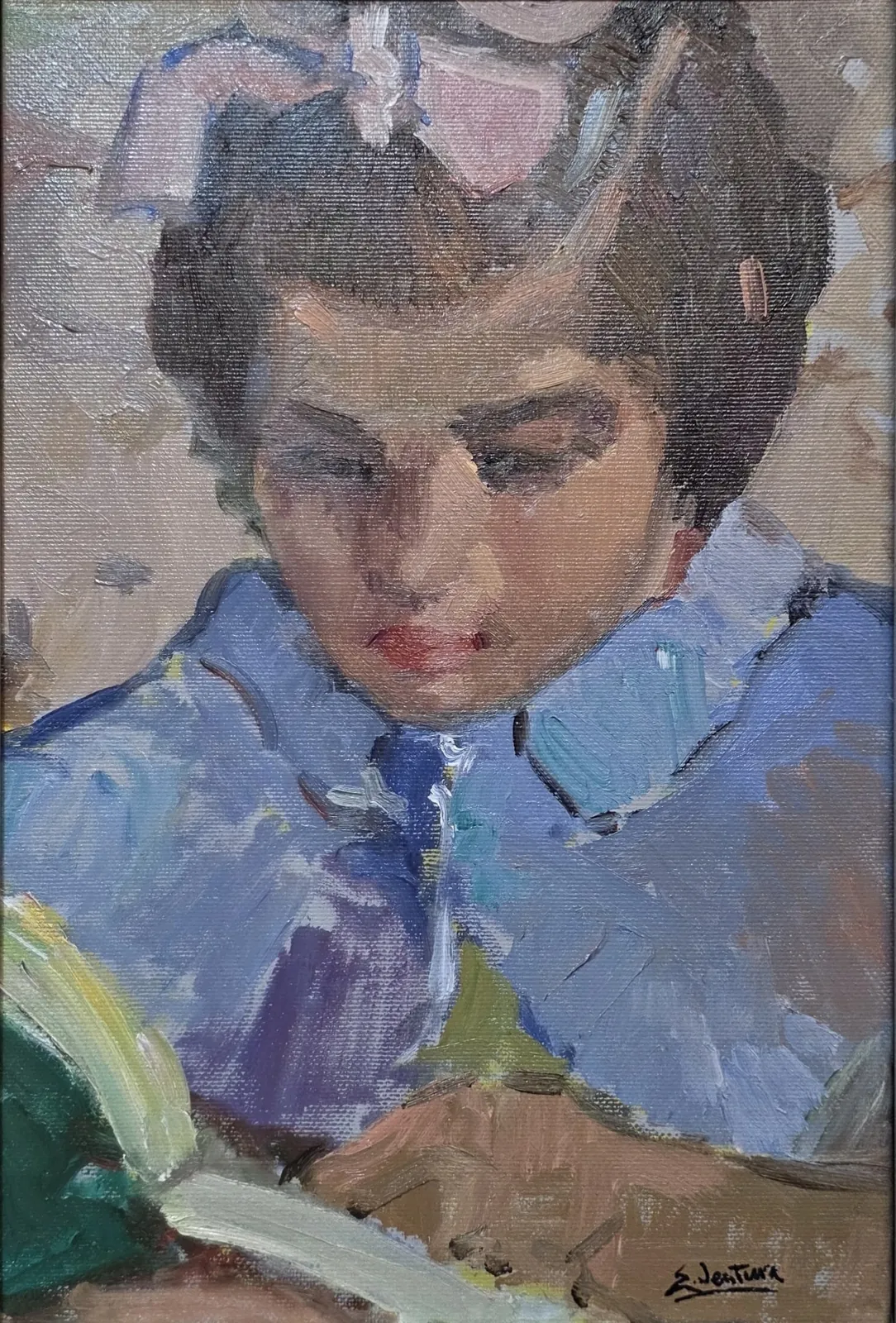 Bimba che legge — opera originale di Emilio Ventura, 20x30 cm, scene di vita