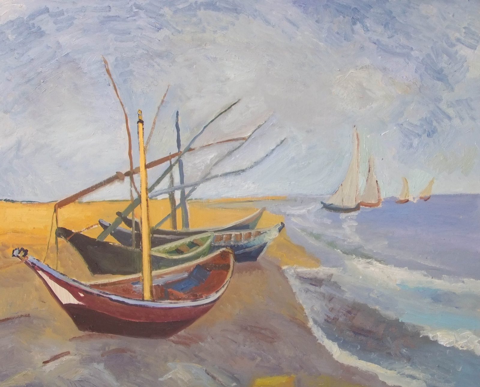 Riproduzione dipinta a mano di Barche sulla spiaggia di Vincent Van Gogh, realizzata da Emilio Ventura