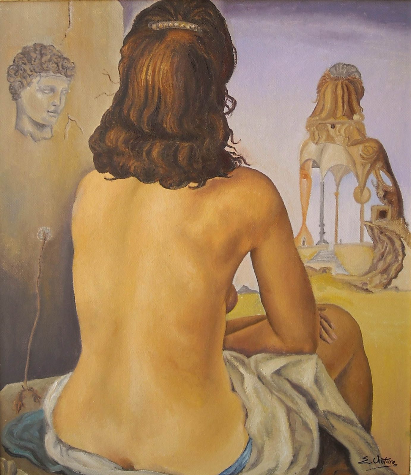 Mia moglie in Contemplazione come un tempio di Salvador Dalí — falso d'autore dipinto a mano da Emilio Ventura, Olio su tela, 52x62 cm