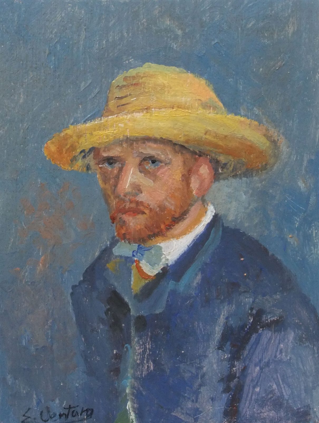 Riproduzione del dipinto di Van Gogh che mostra un autoritratto con un cappello scuro, il volto dell'artista è rivolto leggermente di lato, con pennellate vibranti e uno sfondo pastoso.
