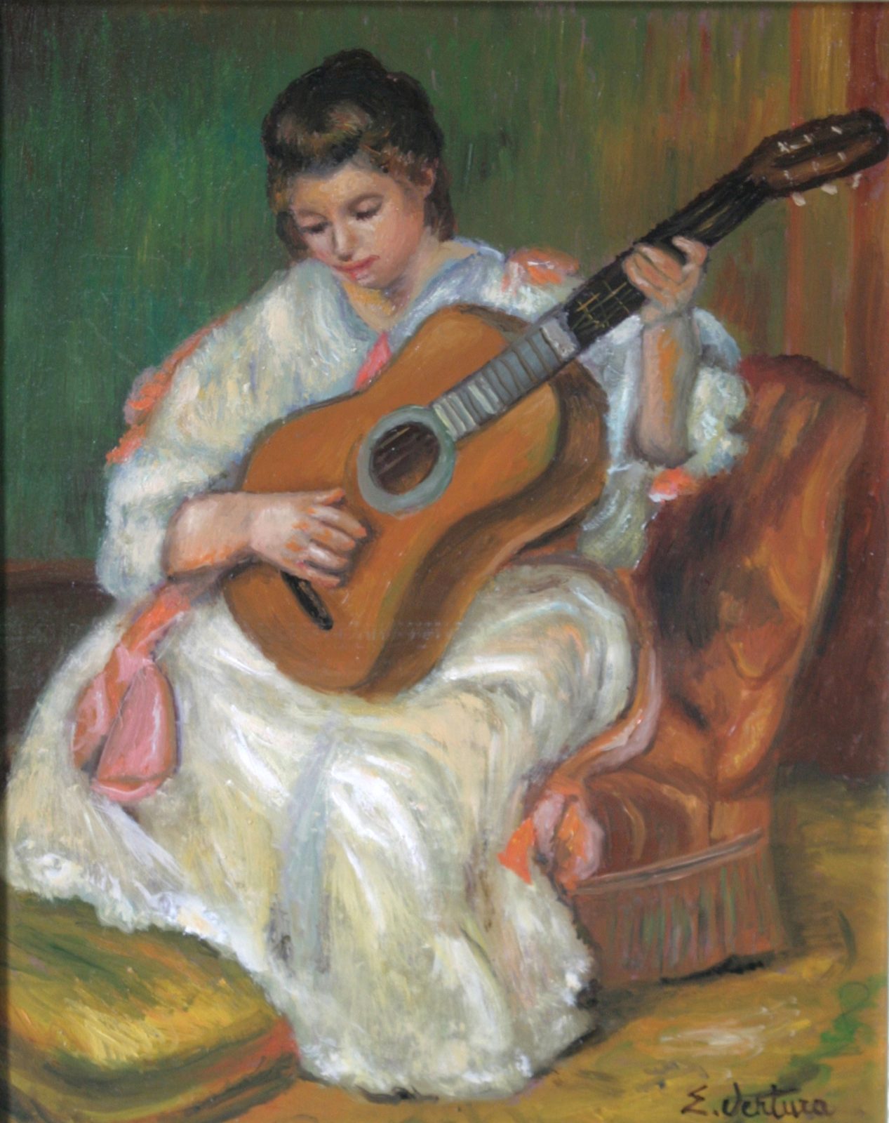 Riproduzione dipinta a mano di Donna che suona la chitarra di Pierre-Auguste Renoir, realizzata da Emilio Ventura