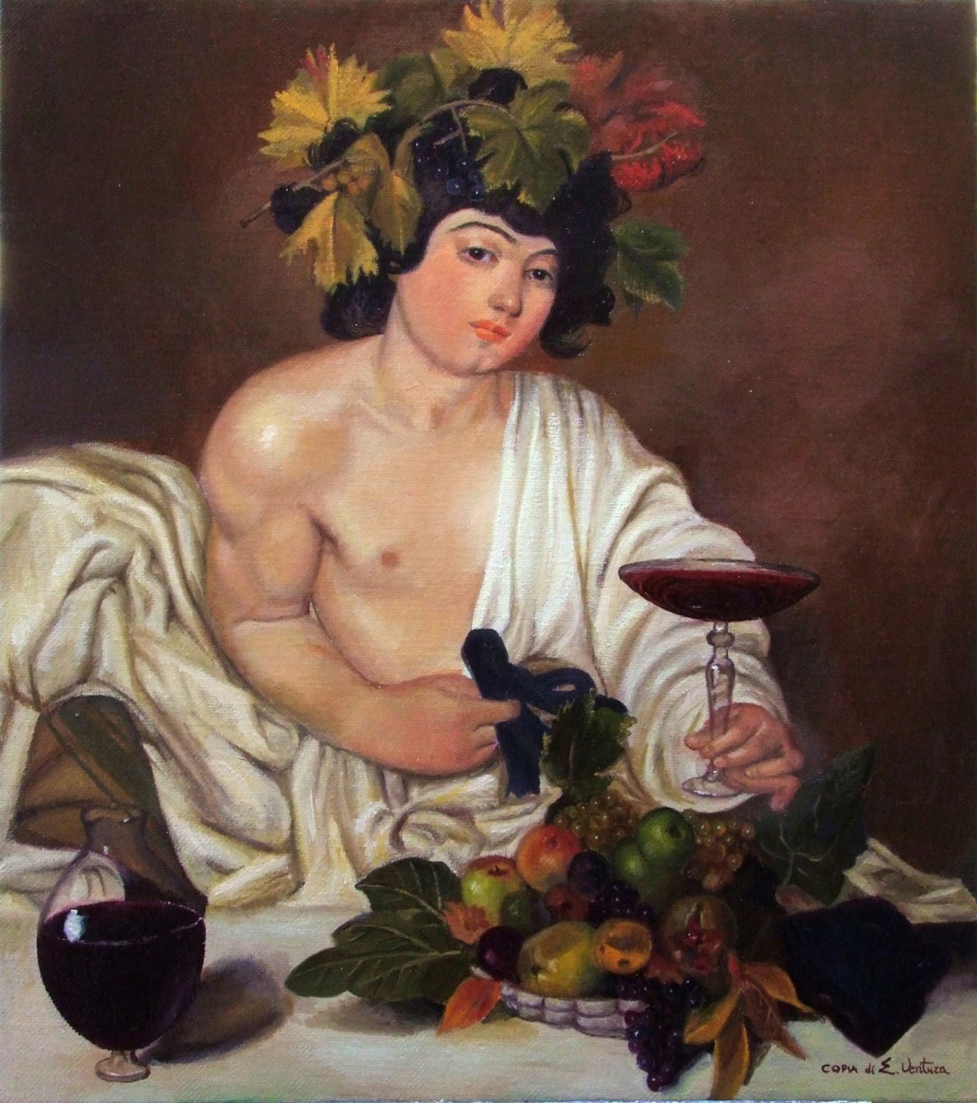 Il Bacco di Michelangelo Merisi da Caravaggio — falso d'autore dipinto a mano da Emilio Ventura, Olio su tela, 66x79 cm