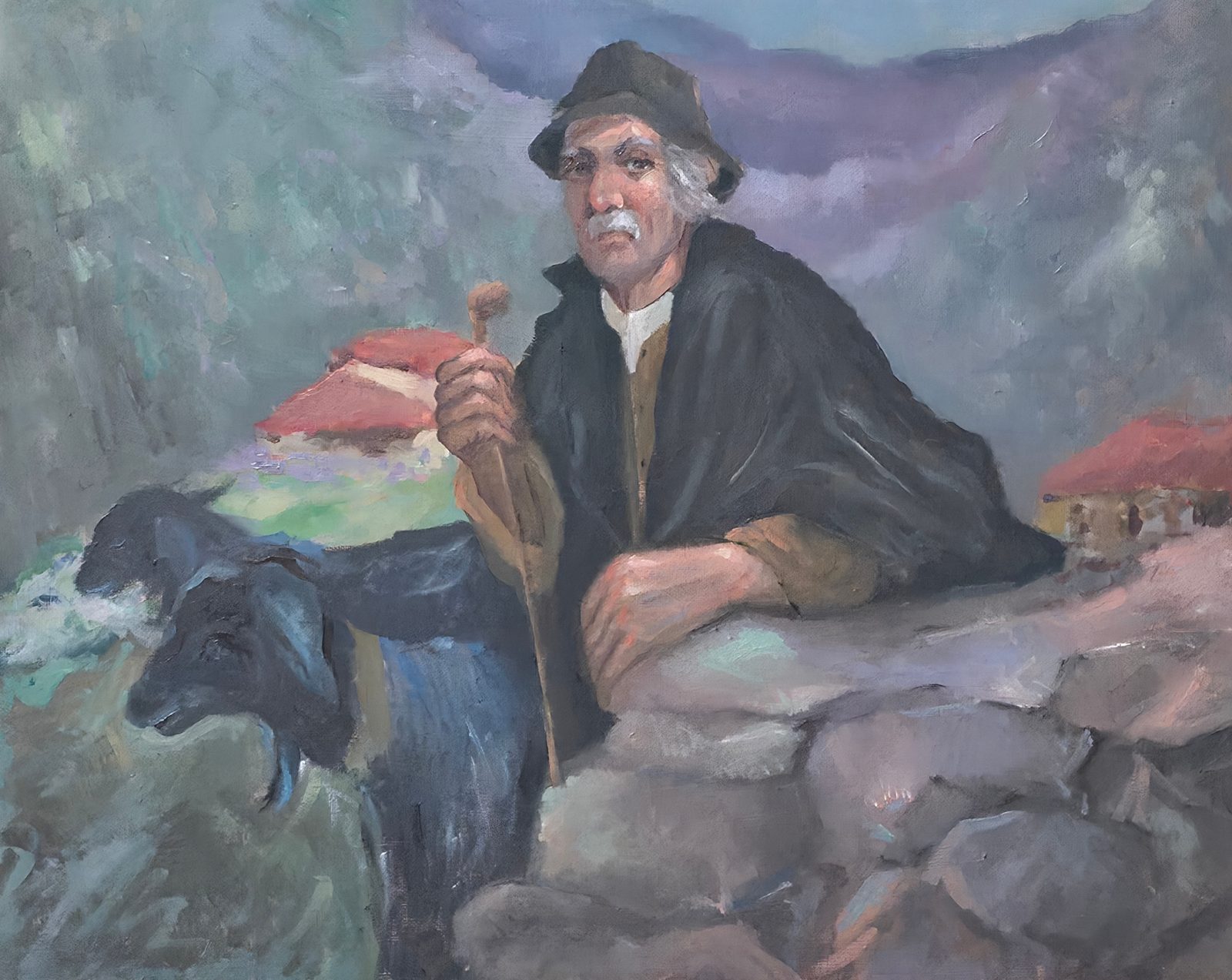 Vecchio pastore — opera originale dipinta a mano da Emilio Ventura, Olio su tela, 40x50 cm