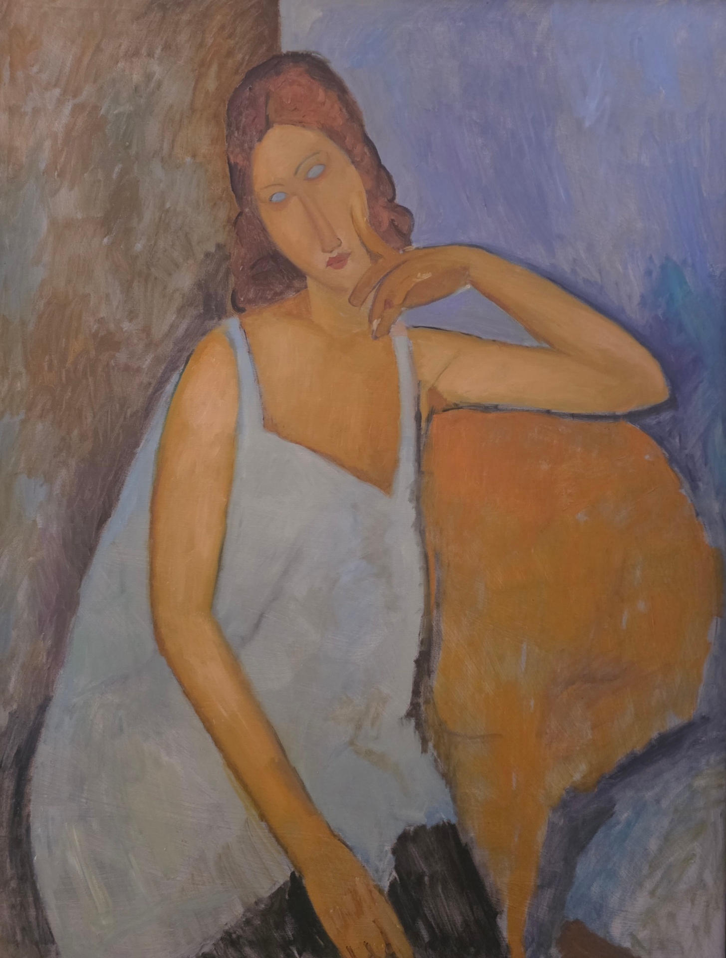 Donna seduta in abito blu di Amedeo Modigliani — falso d'autore dipinto a mano da Emilio Ventura, Olio su tela, 90x62 cm
