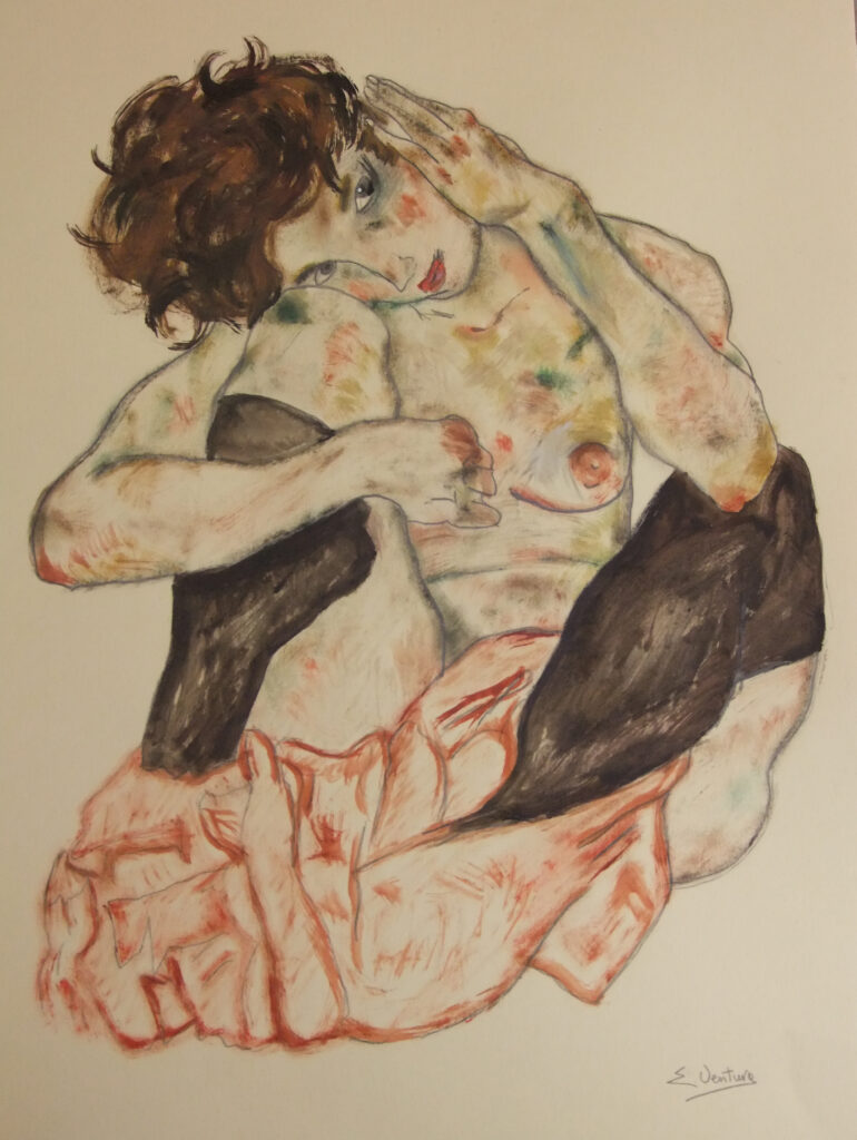 copia di egon schiele nudo di ragazza accovacciata, la guancia appoggiata al ginocchio destro 35x50 cm