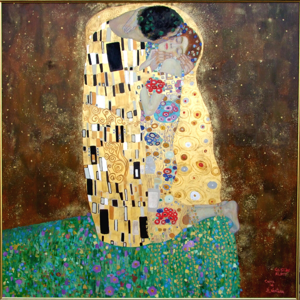 il bacio da klimt 100x100 cm foglia d'oro e olio su tavola